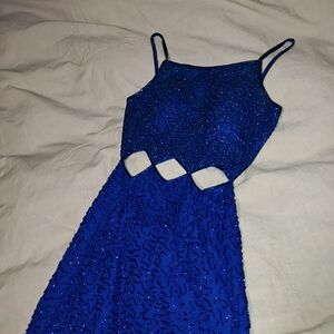 Sean Collection Royal Blue Glitter Cutout Prom Dress